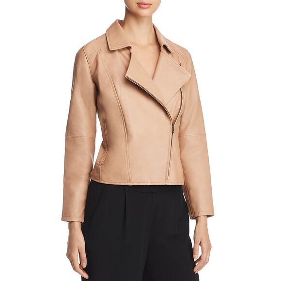 Eileen Fisher Rumpled Lux Moto Leather Jacket size Large US tan/beige color - Picture 1 of 10